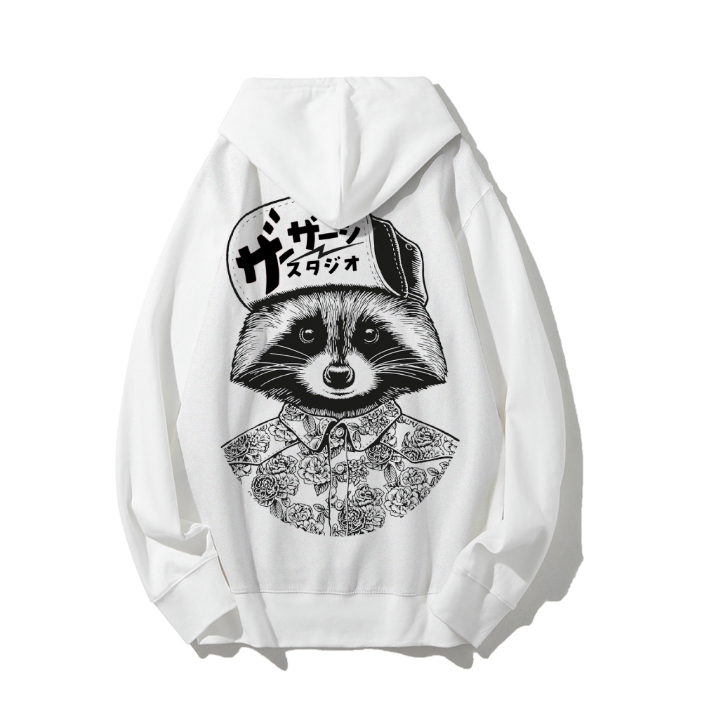 Street Style Raccoon Printed Back Cotton Hoodie