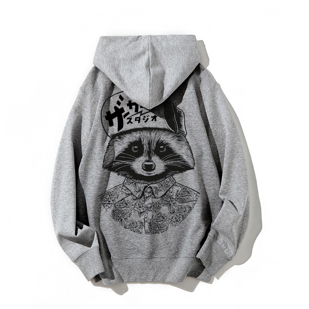 Street Style Raccoon Printed Back Cotton Hoodie