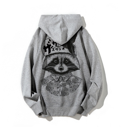Street Style Raccoon Printed Back Cotton Hoodie