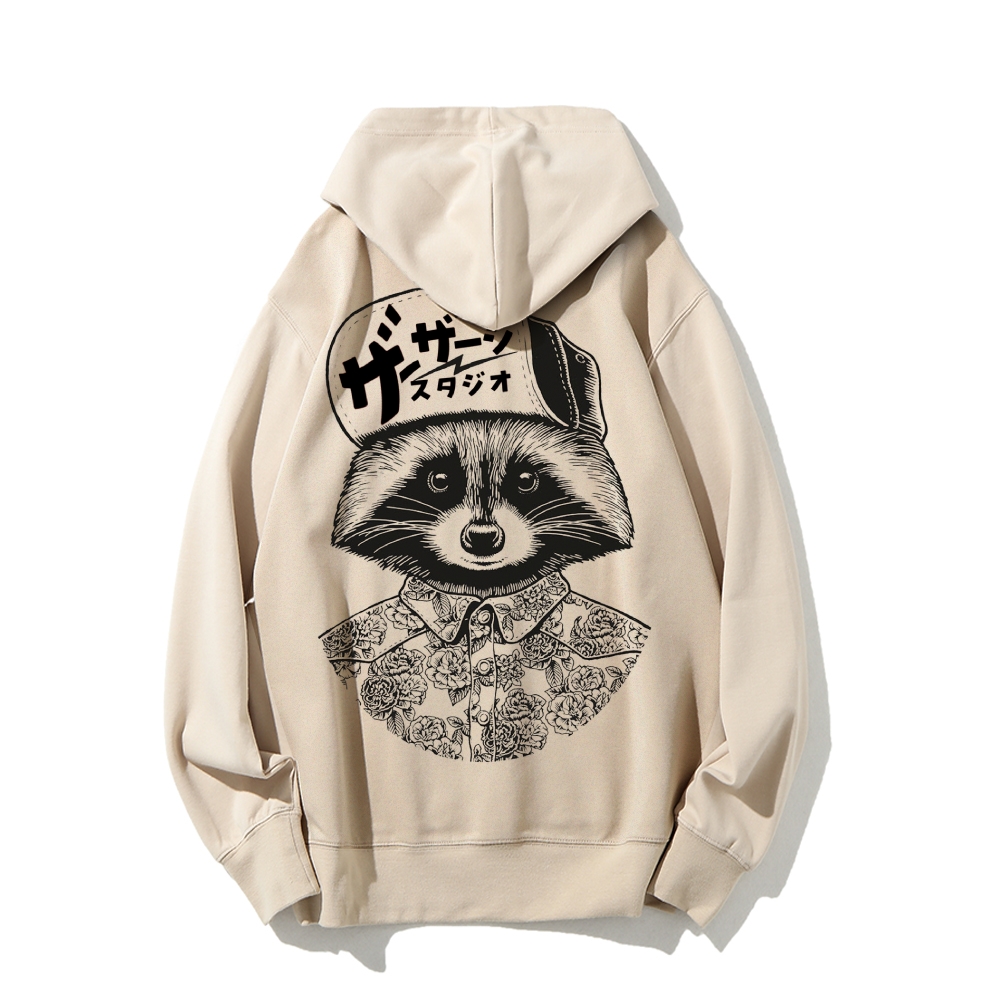 Street Style Raccoon Printed Back Cotton Hoodie