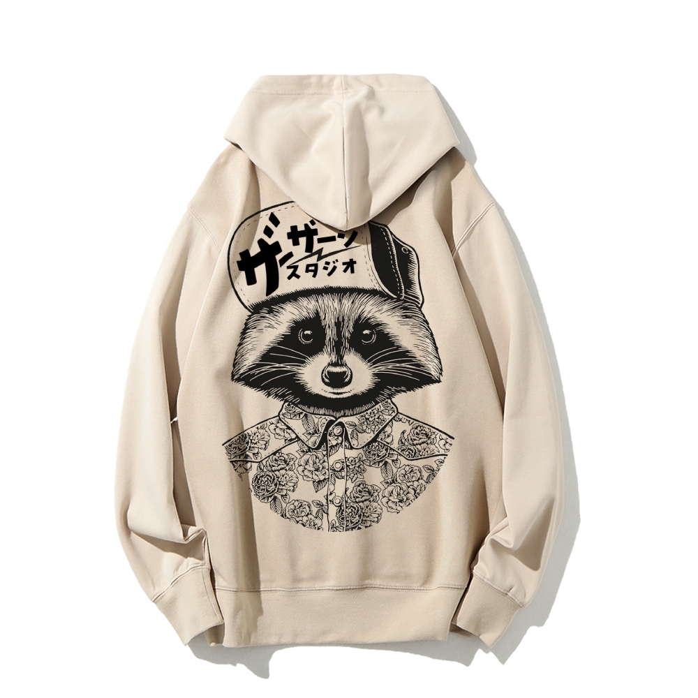 Street Style Raccoon Printed Back Cotton Hoodie