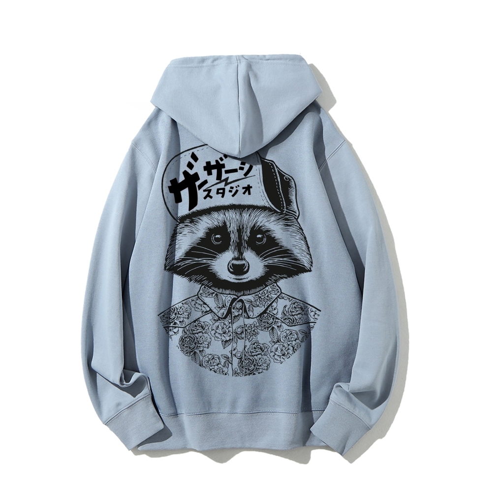 Street Style Raccoon Printed Back Cotton Hoodie