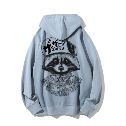 Street Style Raccoon Printed Back Cotton Hoodie