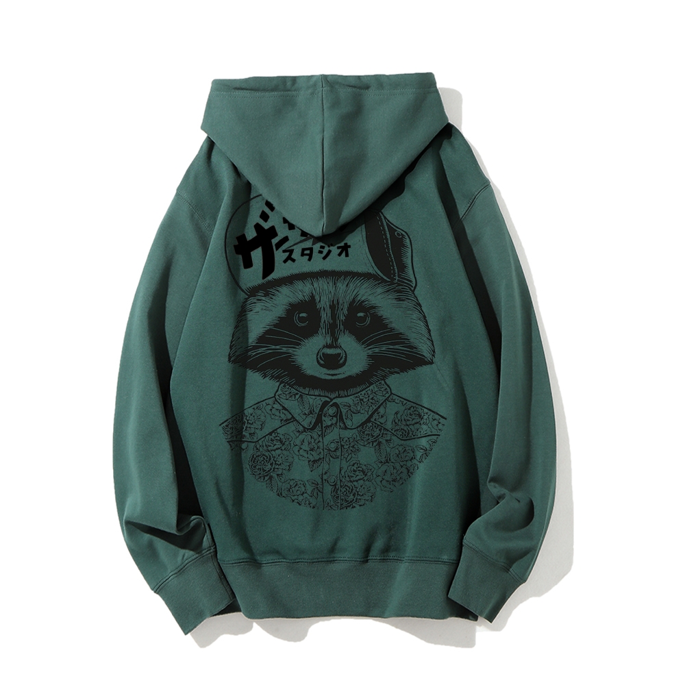 Street Style Raccoon Printed Back Cotton Hoodie