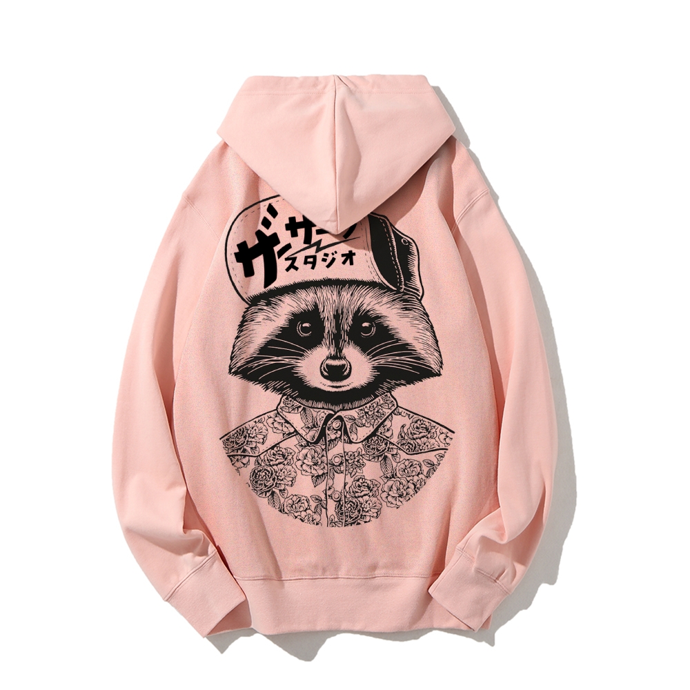 Street Style Raccoon Printed Back Cotton Hoodie
