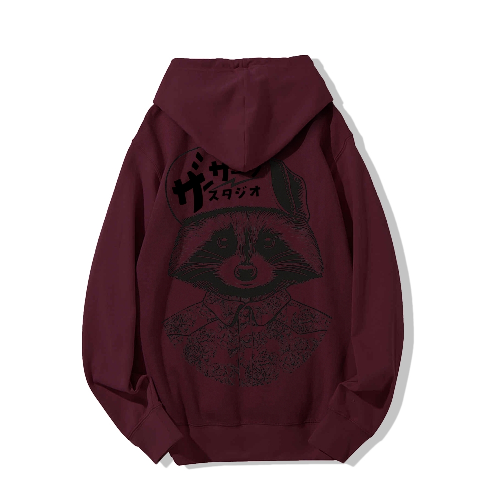 Street Style Raccoon Printed Back Cotton Hoodie