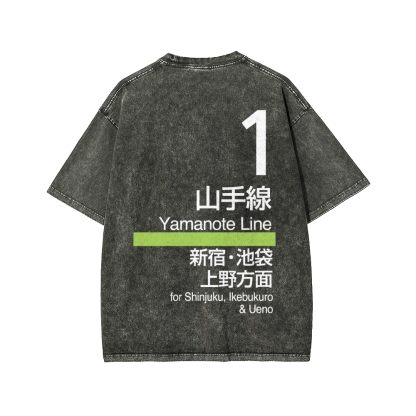 Yamanote Line Front And Back Printing Washed T-shirt