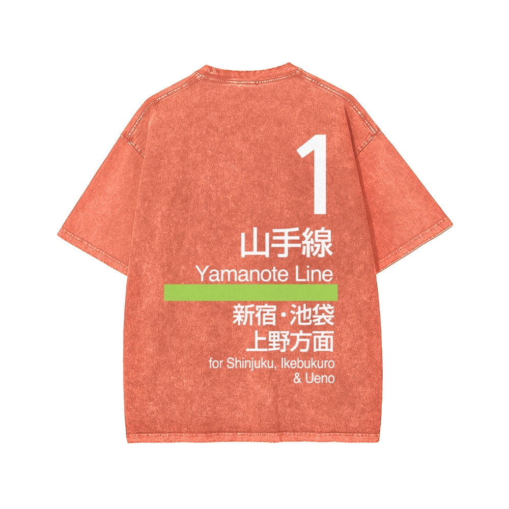 Yamanote Line Front And Back Printing Washed T-shirt