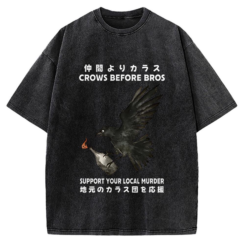 Crow Holding A Fire Bottle CROWS BEFORE BROS SUPPORT YOUR LOCAL MURDER Vintage Washed T-shirt
