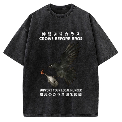 Crow Holding A Fire Bottle CROWS BEFORE BROS SUPPORT YOUR LOCAL MURDER Vintage Washed T-shirt