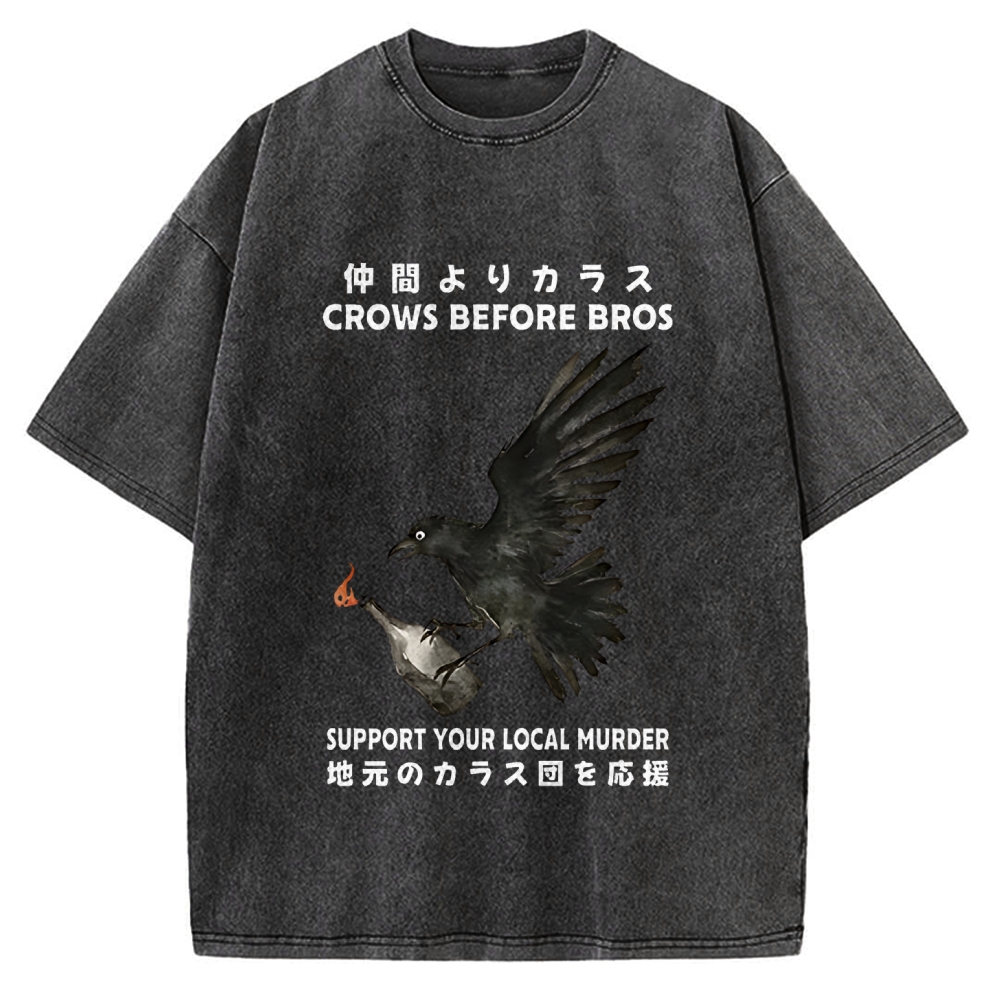 Crow Holding A Fire Bottle CROWS BEFORE BROS SUPPORT YOUR LOCAL MURDER Vintage Washed T-shirt