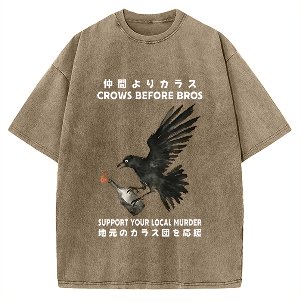 Crow Holding A Fire Bottle CROWS BEFORE BROS SUPPORT YOUR LOCAL MURDER Vintage Washed T-shirt