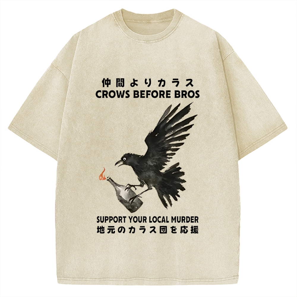 Crow Holding A Fire Bottle CROWS BEFORE BROS SUPPORT YOUR LOCAL MURDER Vintage Washed T-shirt