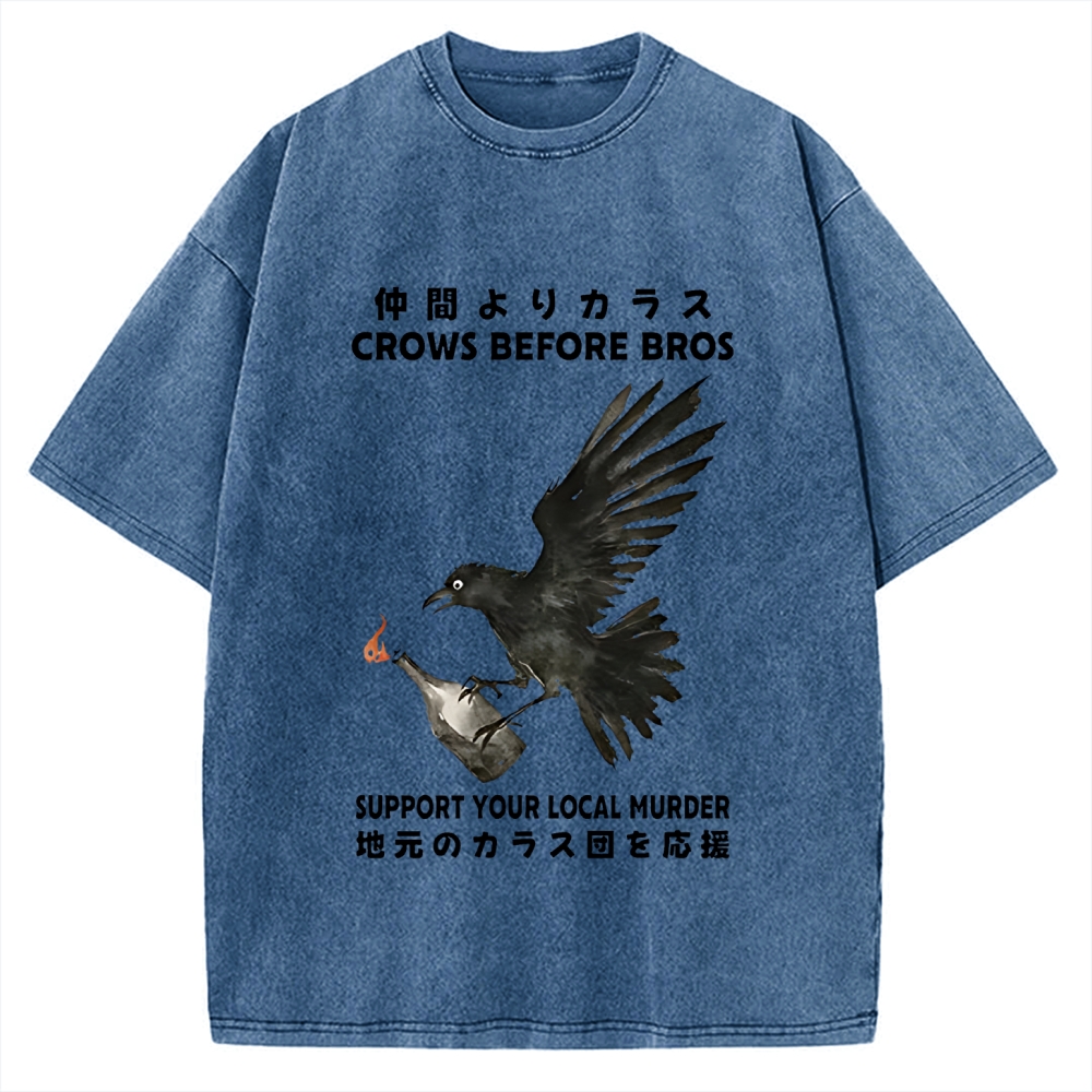 Crow Holding A Fire Bottle CROWS BEFORE BROS SUPPORT YOUR LOCAL MURDER Vintage Washed T-shirt