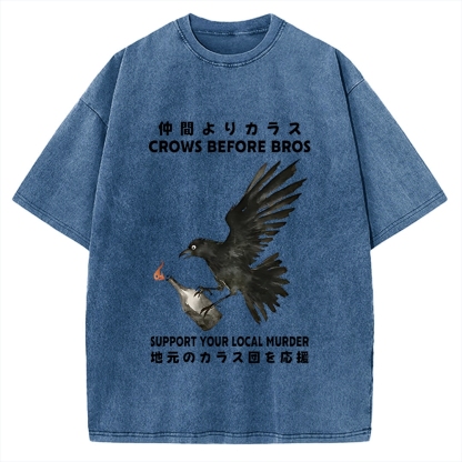 Crow Holding A Fire Bottle CROWS BEFORE BROS SUPPORT YOUR LOCAL MURDER Vintage Washed T-shirt