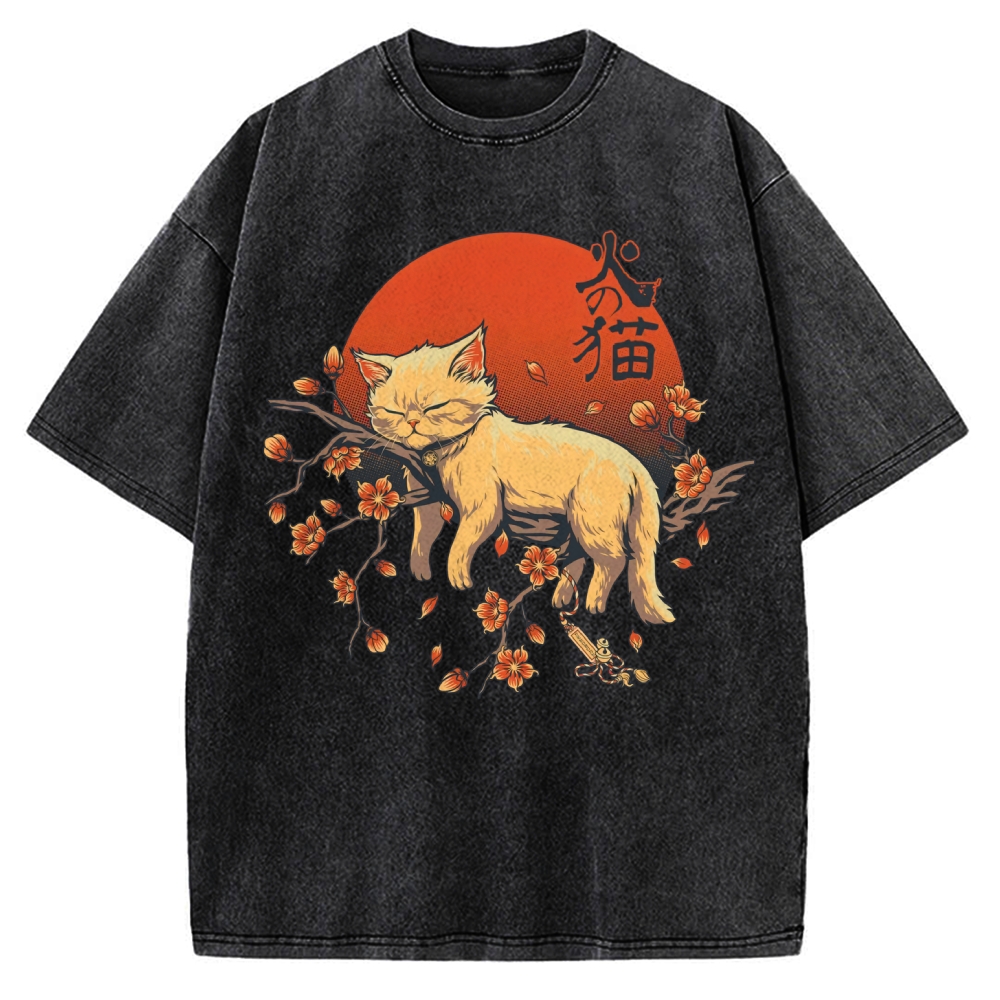 Sleeping Cat on Sakura Vintage Washed T-shirt
