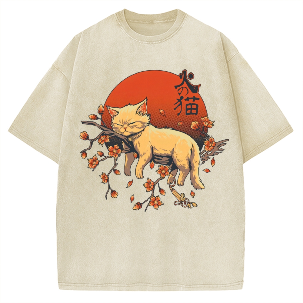 Sleeping Cat on Sakura Vintage Washed T-shirt