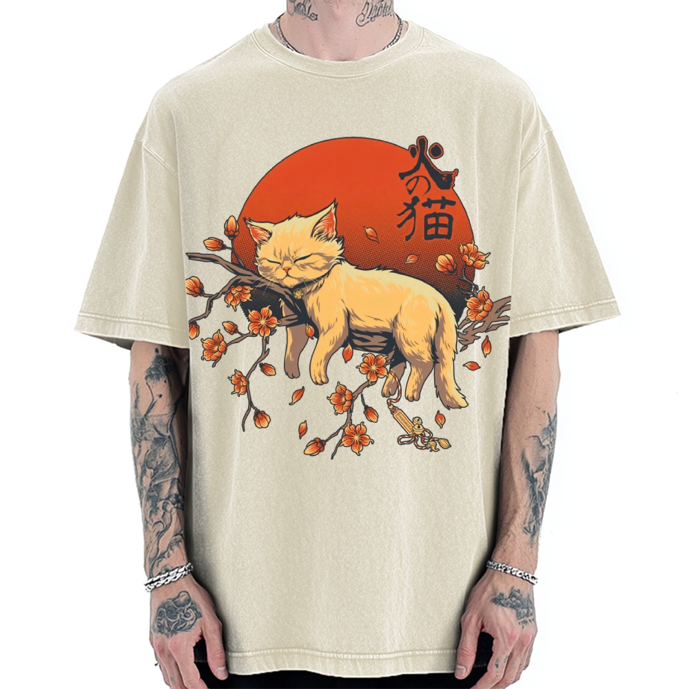 Sleeping Cat on Sakura Vintage Washed T-shirt