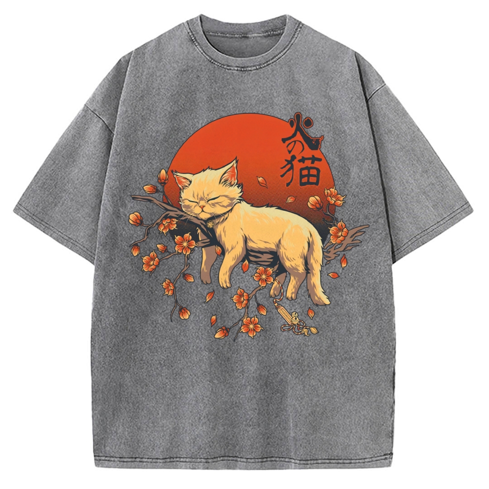 Sleeping Cat on Sakura Vintage Washed T-shirt