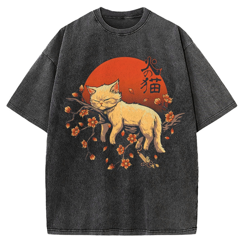 Sleeping Cat on Sakura Vintage Washed T-shirt