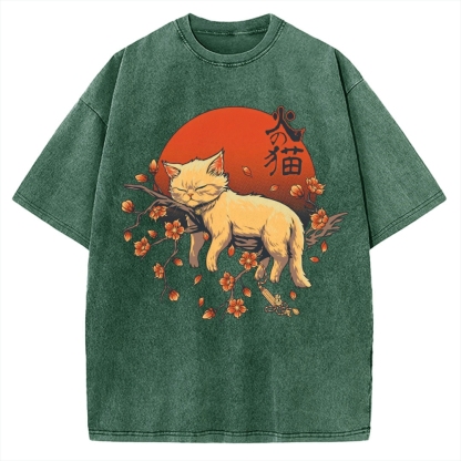 Sleeping Cat on Sakura Vintage Washed T-shirt