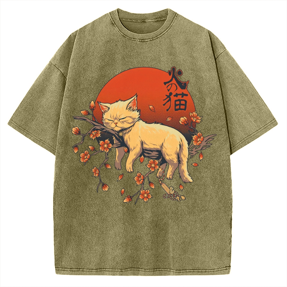 Sleeping Cat on Sakura Vintage Washed T-shirt