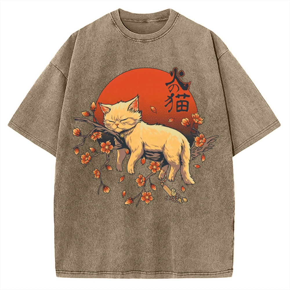 Sleeping Cat on Sakura Vintage Washed T-shirt