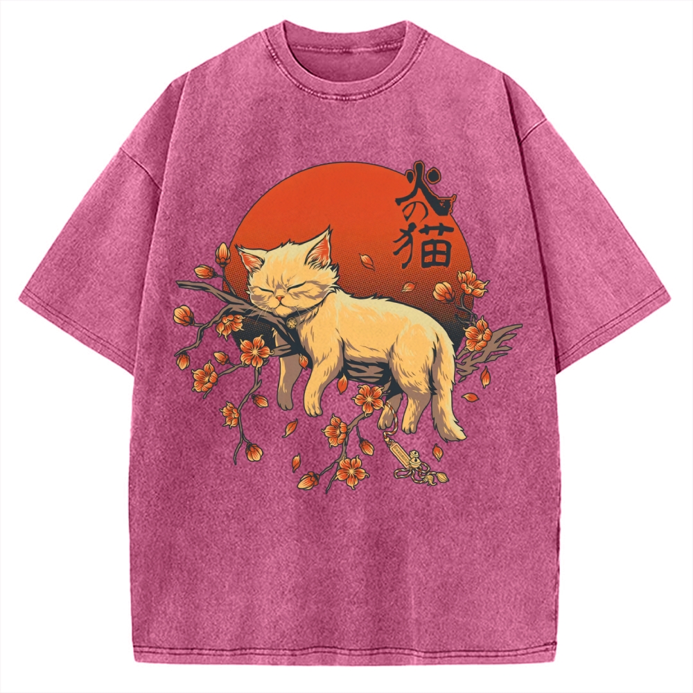 Sleeping Cat on Sakura Vintage Washed T-shirt