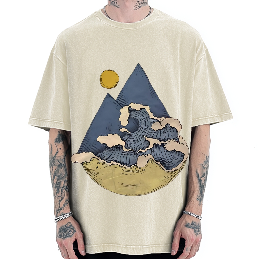 Japanese traditional pattern Mountains And Waves Simple Retro Vintage Washed T-shirt