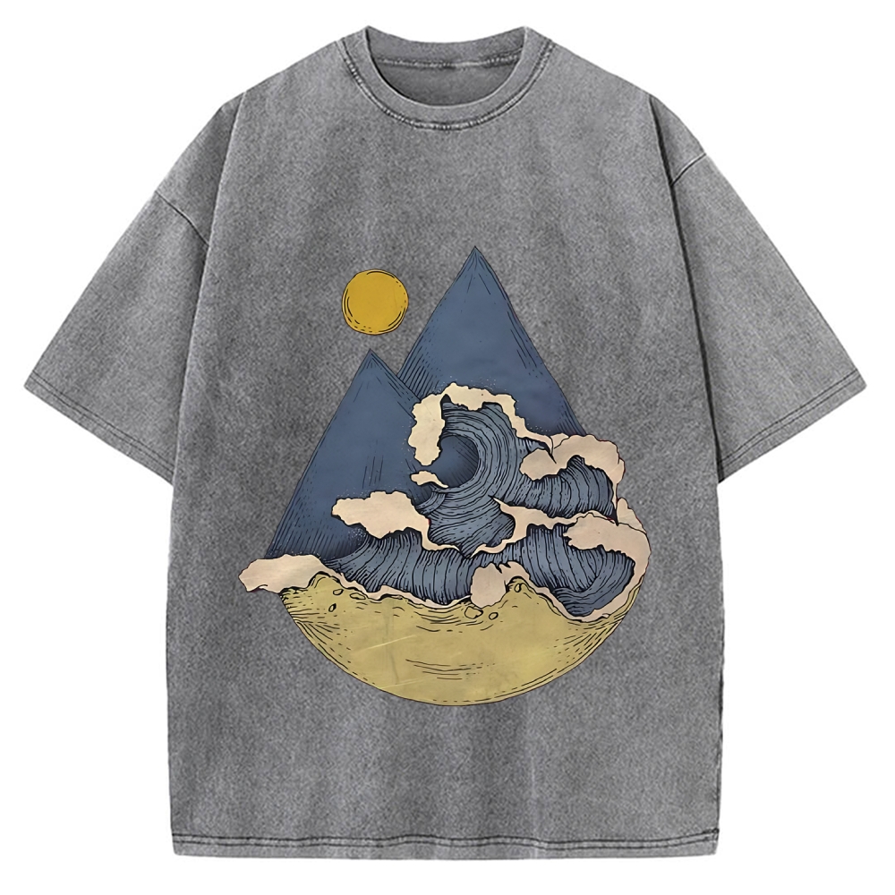 Japanese traditional pattern Mountains And Waves Simple Retro Vintage Washed T-shirt