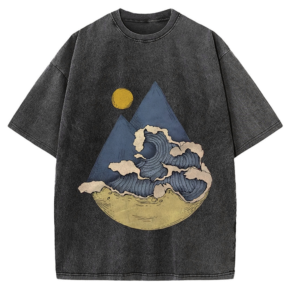 Japanese traditional pattern Mountains And Waves Simple Retro Vintage Washed T-shirt