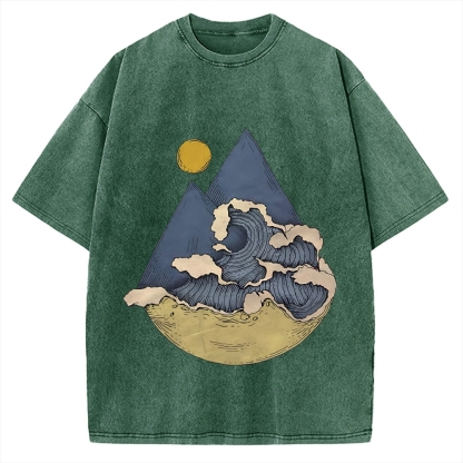 Japanese traditional pattern Mountains And Waves Simple Retro Vintage Washed T-shirt