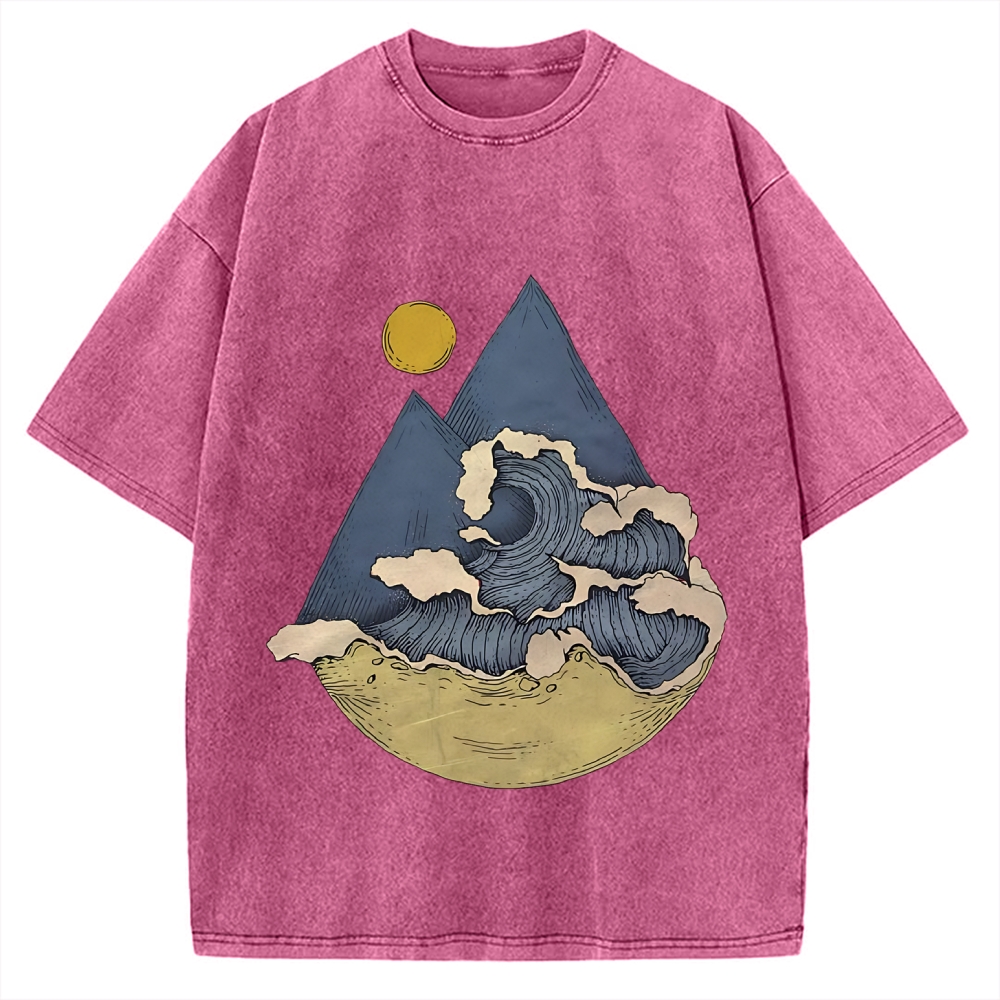 Japanese traditional pattern Mountains And Waves Simple Retro Vintage Washed T-shirt