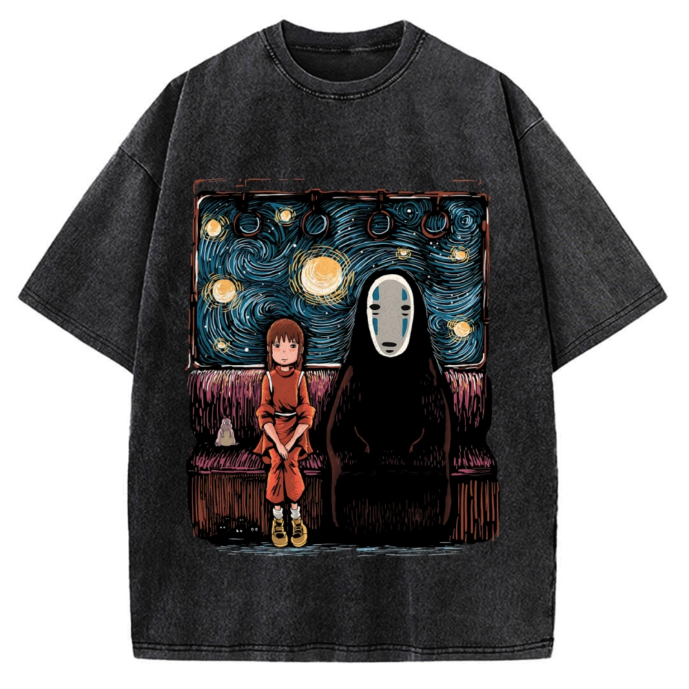 Van Gosh Style Anime Girl & No Face Vintage Washed T-shirt