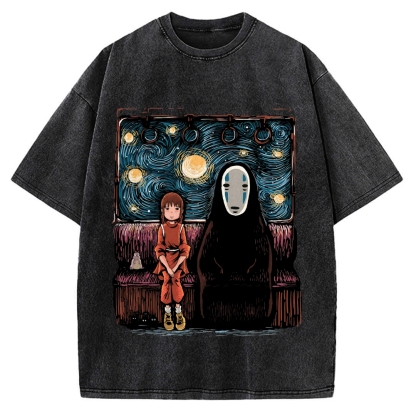 Van Gosh Style Anime Girl & No Face Vintage Washed T-shirt