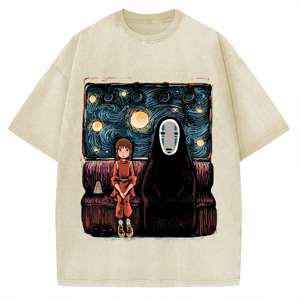 Van Gosh Style Anime Girl & No Face Vintage Washed T-shirt