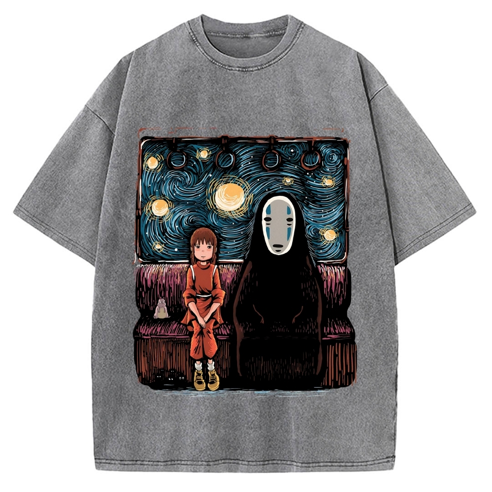 Van Gosh Style Anime Girl & No Face Vintage Washed T-shirt