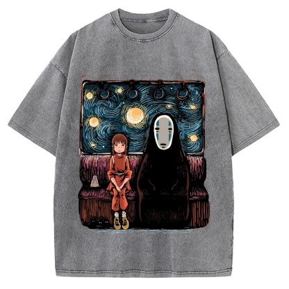 Van Gosh Style Anime Girl & No Face Vintage Washed T-shirt