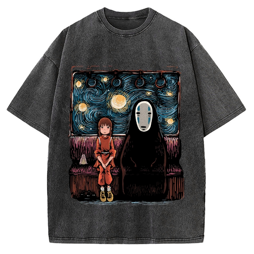 Van Gosh Style Anime Girl & No Face Vintage Washed T-shirt