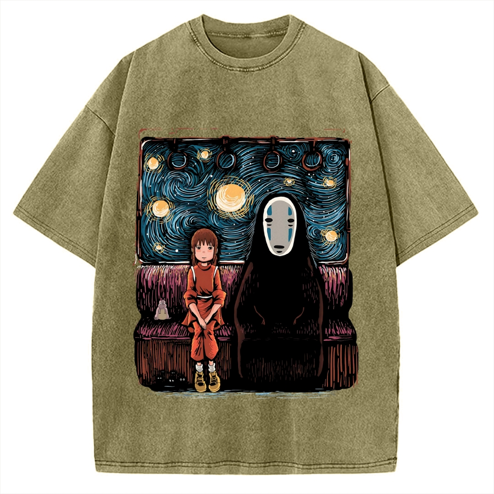 Van Gosh Style Anime Girl & No Face Vintage Washed T-shirt