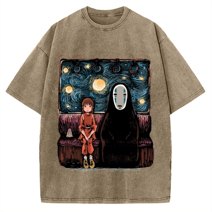 Van Gosh Style Anime Girl & No Face Vintage Washed T-shirt