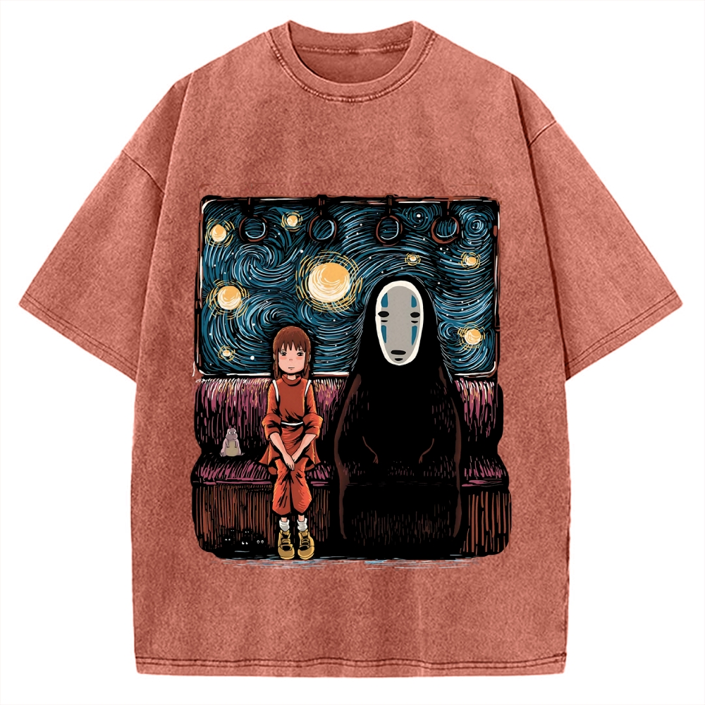 Van Gosh Style Anime Girl & No Face Vintage Washed T-shirt
