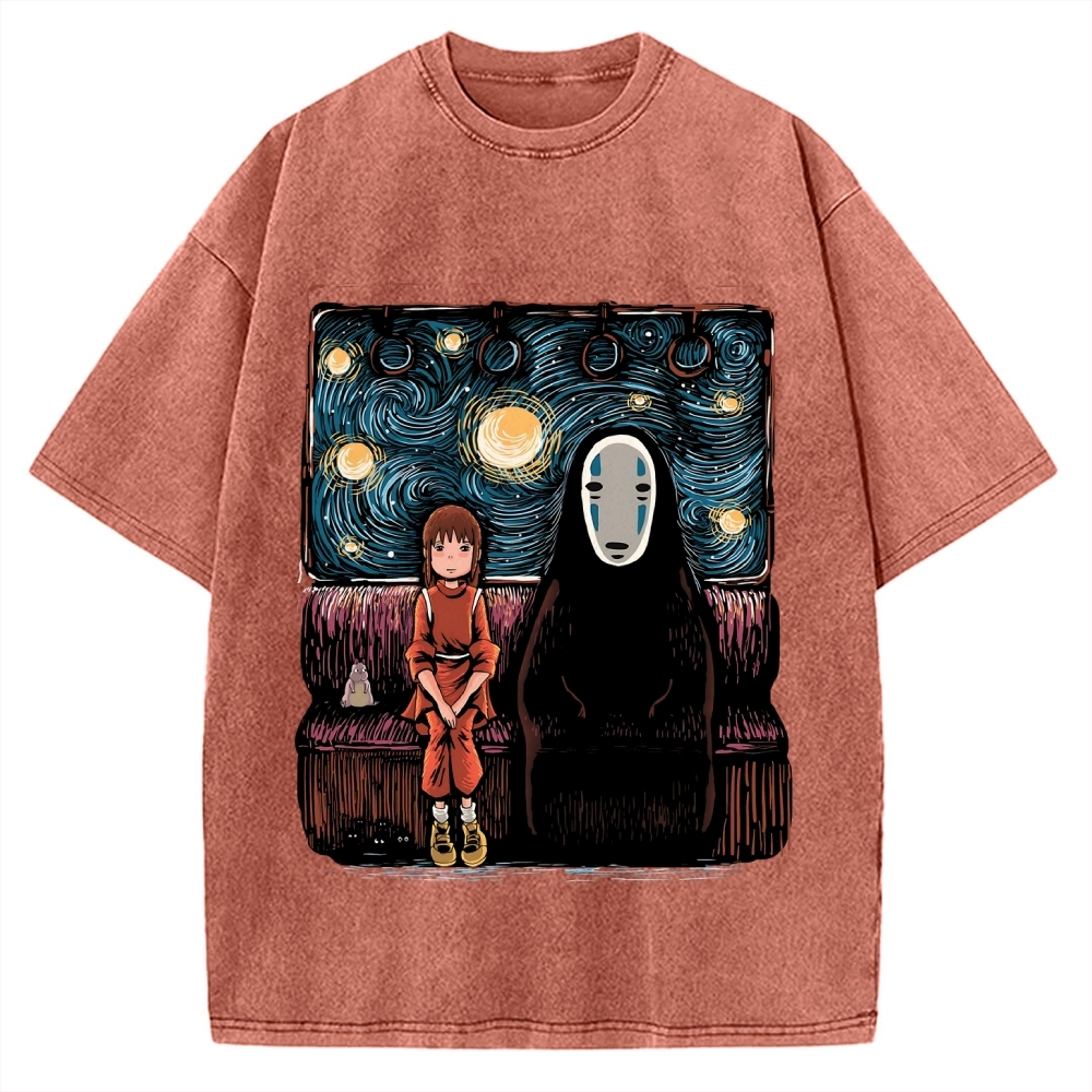 Van Gosh Style Anime Girl & No Face Vintage Washed T-shirt
