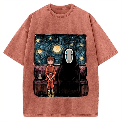 Van Gosh Style Anime Girl & No Face Vintage Washed T-shirt