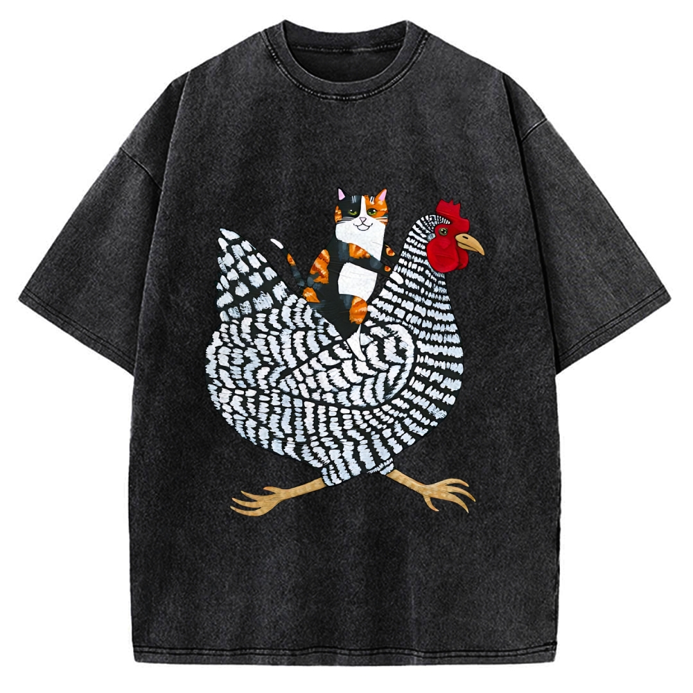 Japanese Calico Cat Chicken Ride Vintage Washed T-shirt