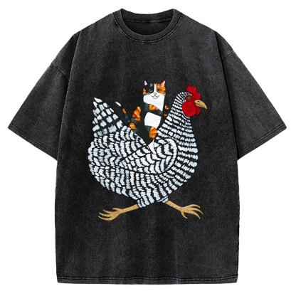 Japanese Calico Cat Chicken Ride Vintage Washed T-shirt