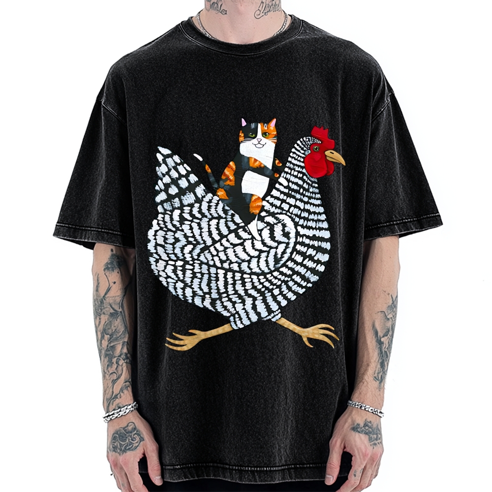 Japanese Calico Cat Chicken Ride Vintage Washed T-shirt