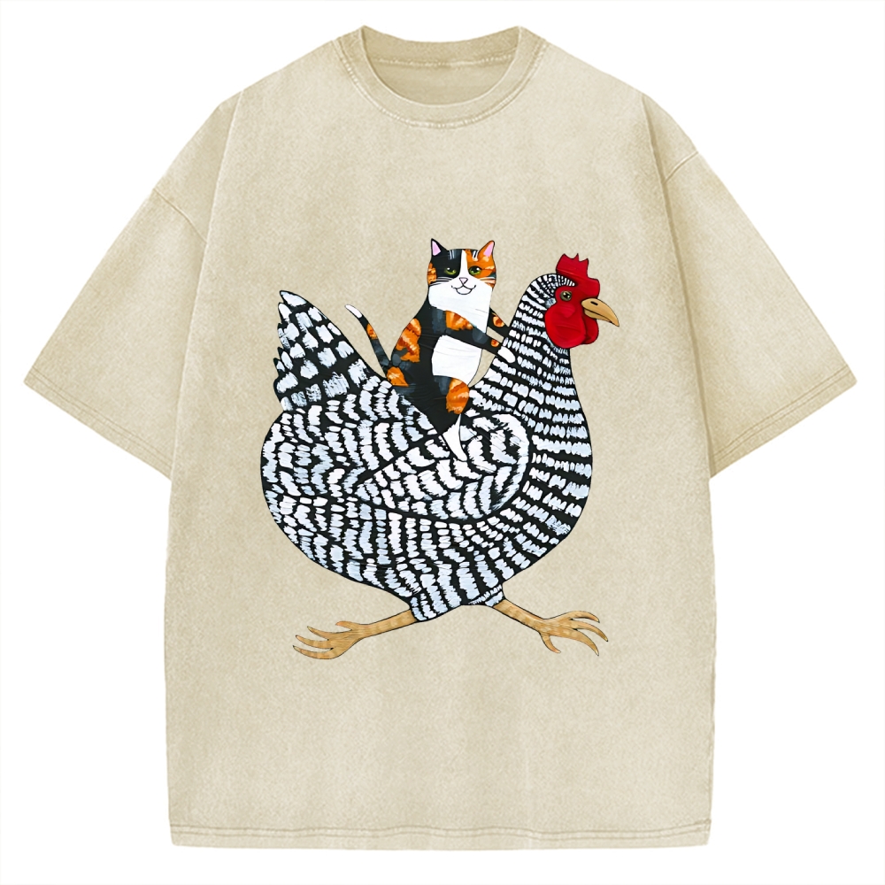 Japanese Calico Cat Chicken Ride Vintage Washed T-shirt