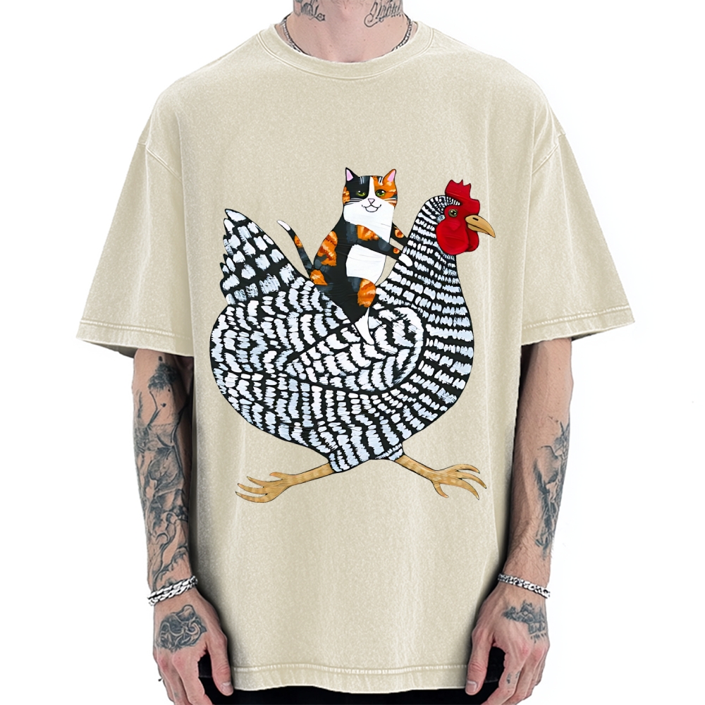 Japanese Calico Cat Chicken Ride Vintage Washed T-shirt