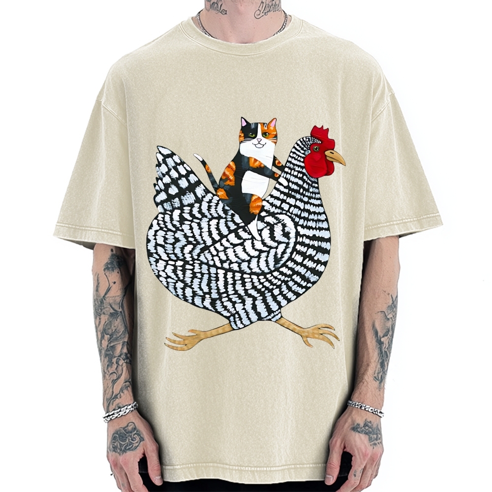 Japanese Calico Cat Chicken Ride Vintage Washed T-shirt